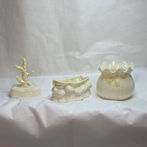 Belleek 3rd Green Mark Ring Holder, Boat Salt Cellar And Money Bag